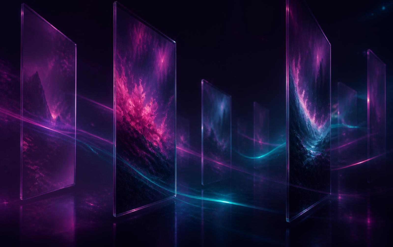 Floating translucent screens glowing with cinematic AI-generated story scenes